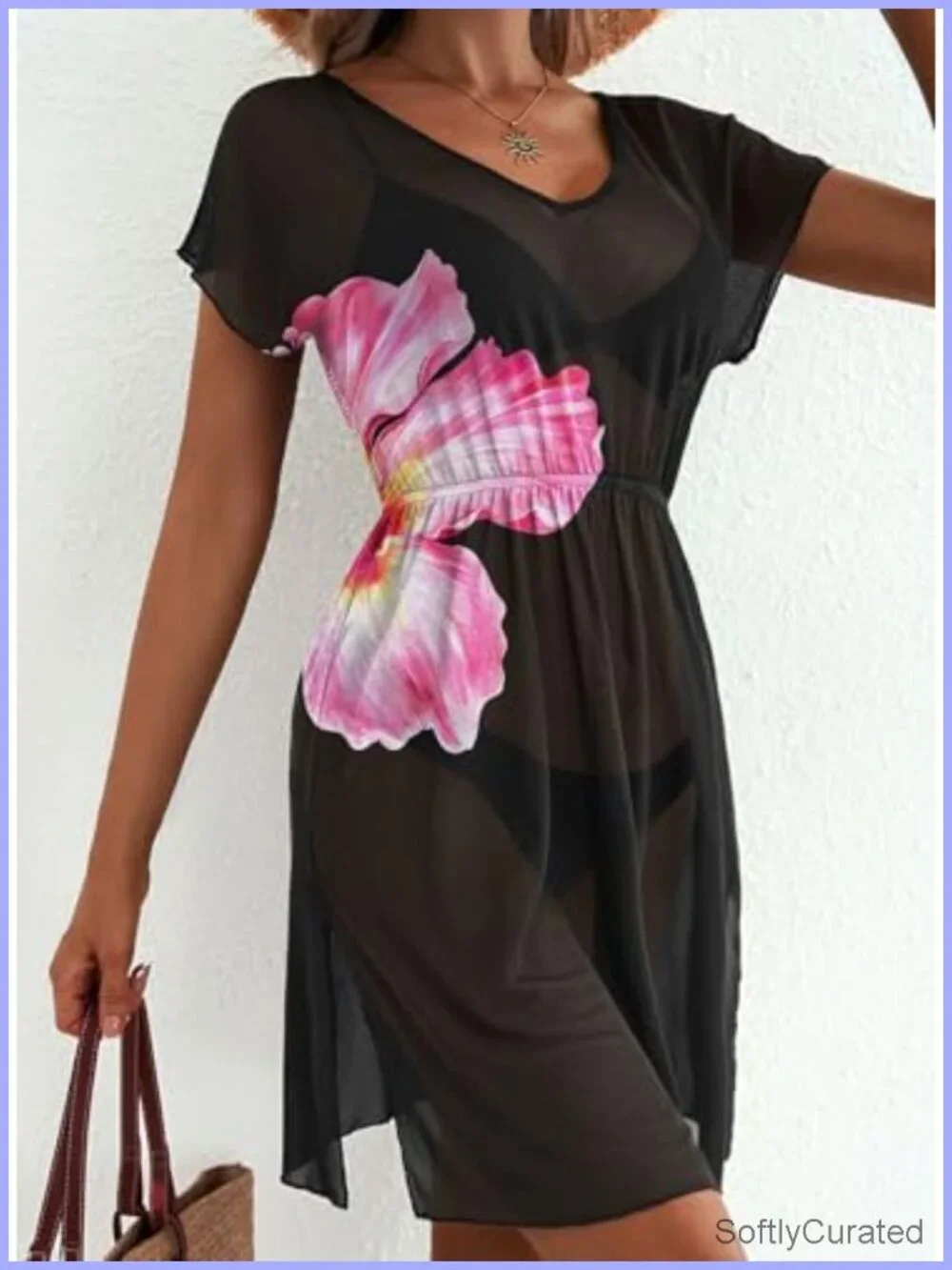 Sheer V-Neck Swim Cover Up Dress Short Sleeve Beach Outfit